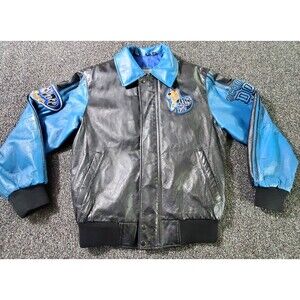 Vtg 98 Scooby Doo Leather Bomber Jacket Kids L Black Blue Patches Lined Cartoon